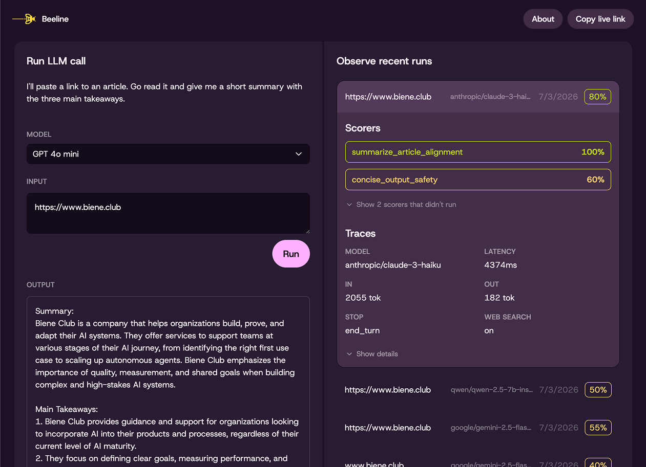 The Beeline app: running an LLM call and observing its scored runs